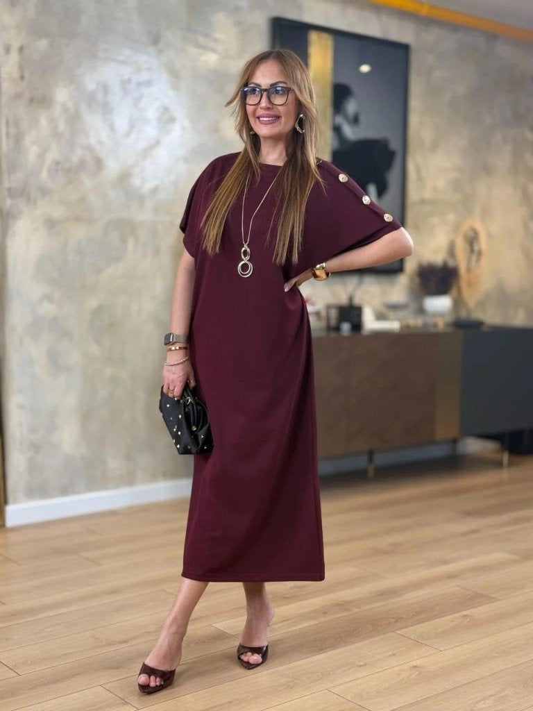 Women's Short Sleeve Crew Neck Shoulder Buttoned Long Viscose Two Yarn Dress, 31240
