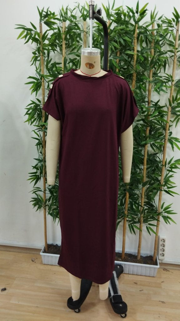 Women's Short Sleeve Crew Neck Shoulder Buttoned Long Viscose Two Yarn Dress, 31240