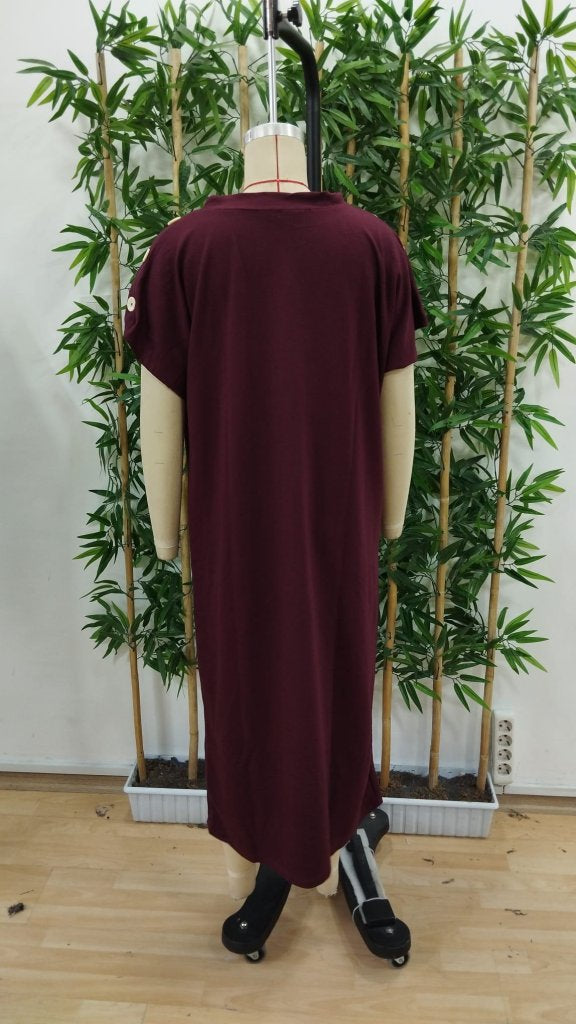 Women's Short Sleeve Crew Neck Shoulder Buttoned Long Viscose Two Yarn Dress, 31240