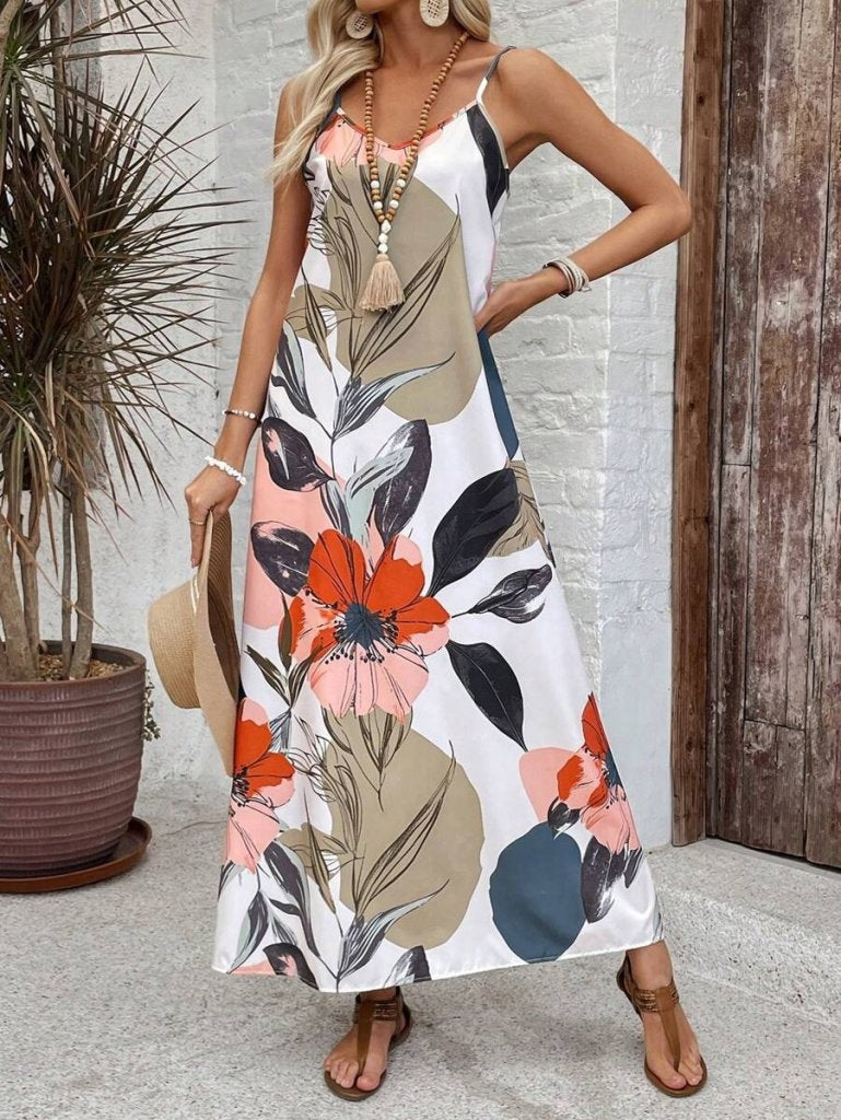 Women's Patterned Supima Dress with Wide Straps and V-Neck, 34080