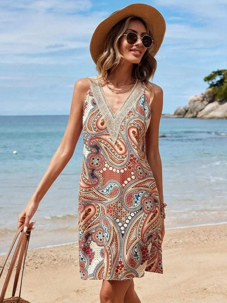 Women's Short Sleeve Lace V-Neck Patterned Supreme Dress, 34015
