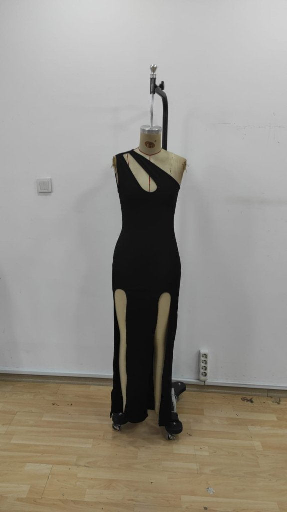 Women's One-Shoulder Open Teardrop Detail Slit Detail Long Shimmer Crepe Dress, 25503