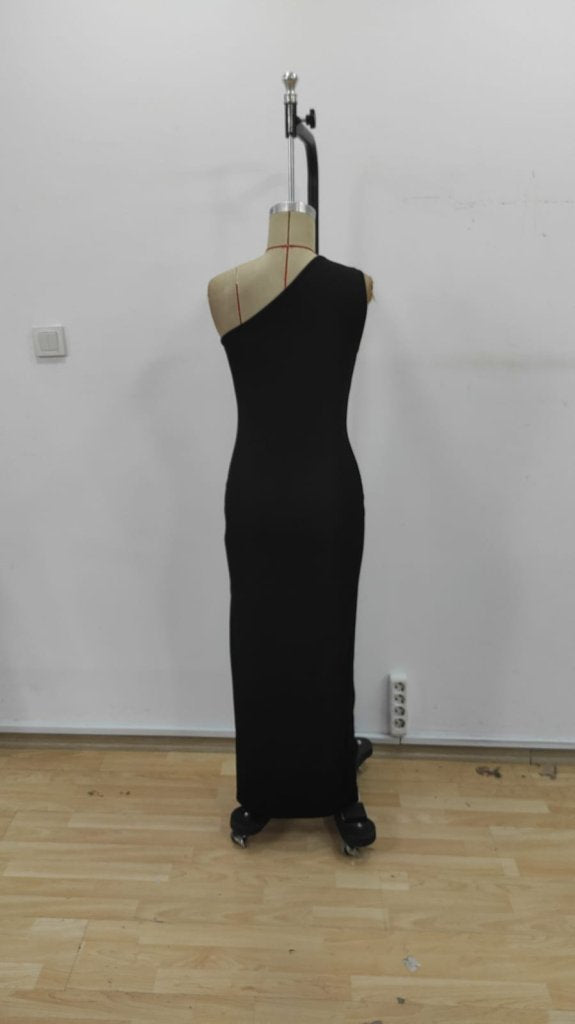 Women's One-Shoulder Open Teardrop Detail Slit Detail Long Shimmer Crepe Dress, 25503