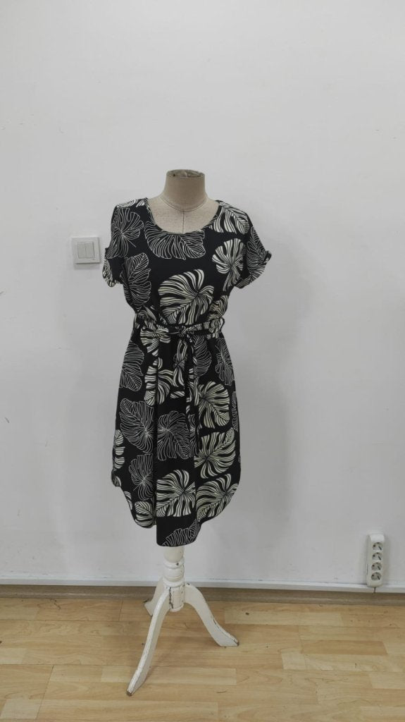 Kadın Kısa Kollu Bisiklet Yaka Desenli Kuşaklı örme Krep Midi Elbise, 33998