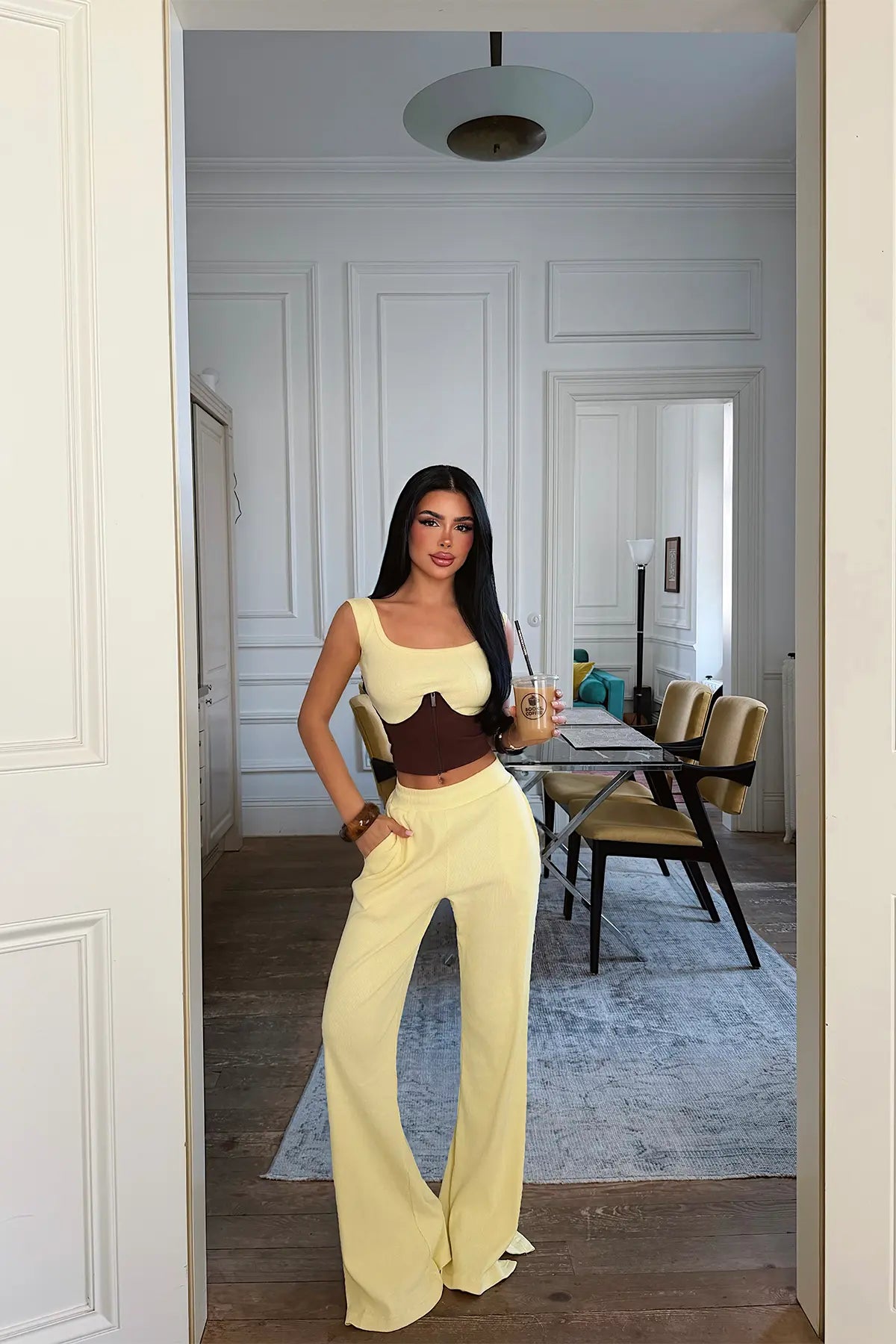 Sarı Fermuar Detay Pantolonlu Takım