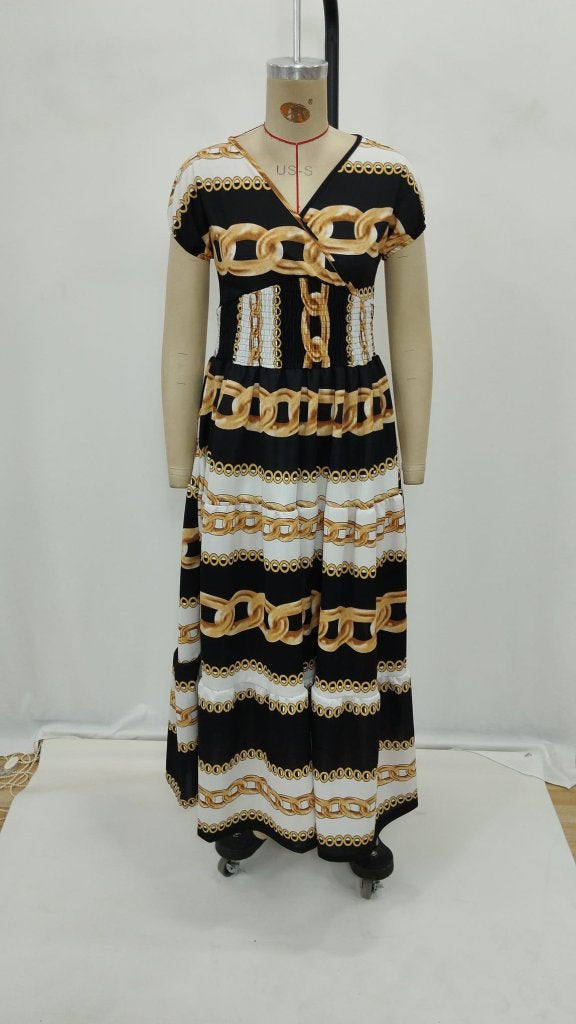 Women's Short-Sleeved Wrap-Around Neckline Elasticated Waist Supreme Maxi Dress, 25585