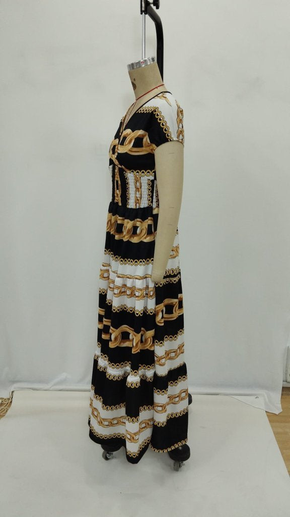 Women's Short-Sleeved Wrap-Around Neckline Elasticated Waist Supreme Maxi Dress, 25585