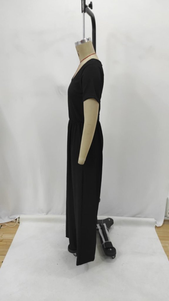 Women's Short Sleeve Crew Neck Wide Leg Crinkled Jumpsuit, 27349