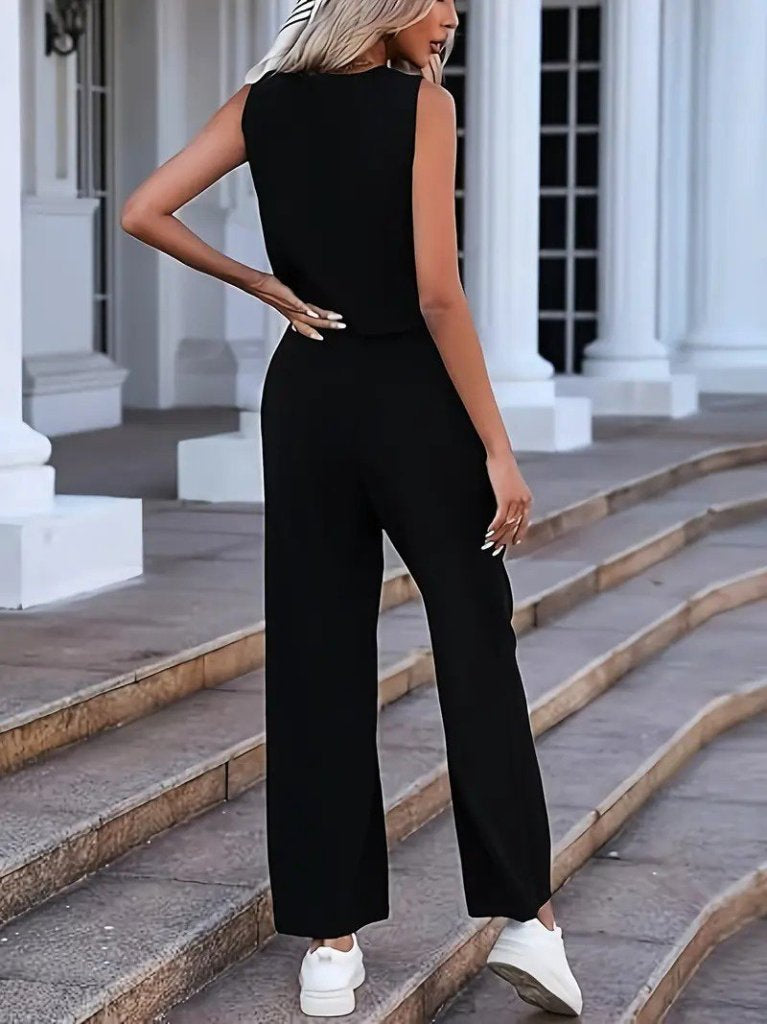 Women's Sleeveless V-Neck Button-Front Imported Crepe Top and Pants Two-Piece Set, 26004