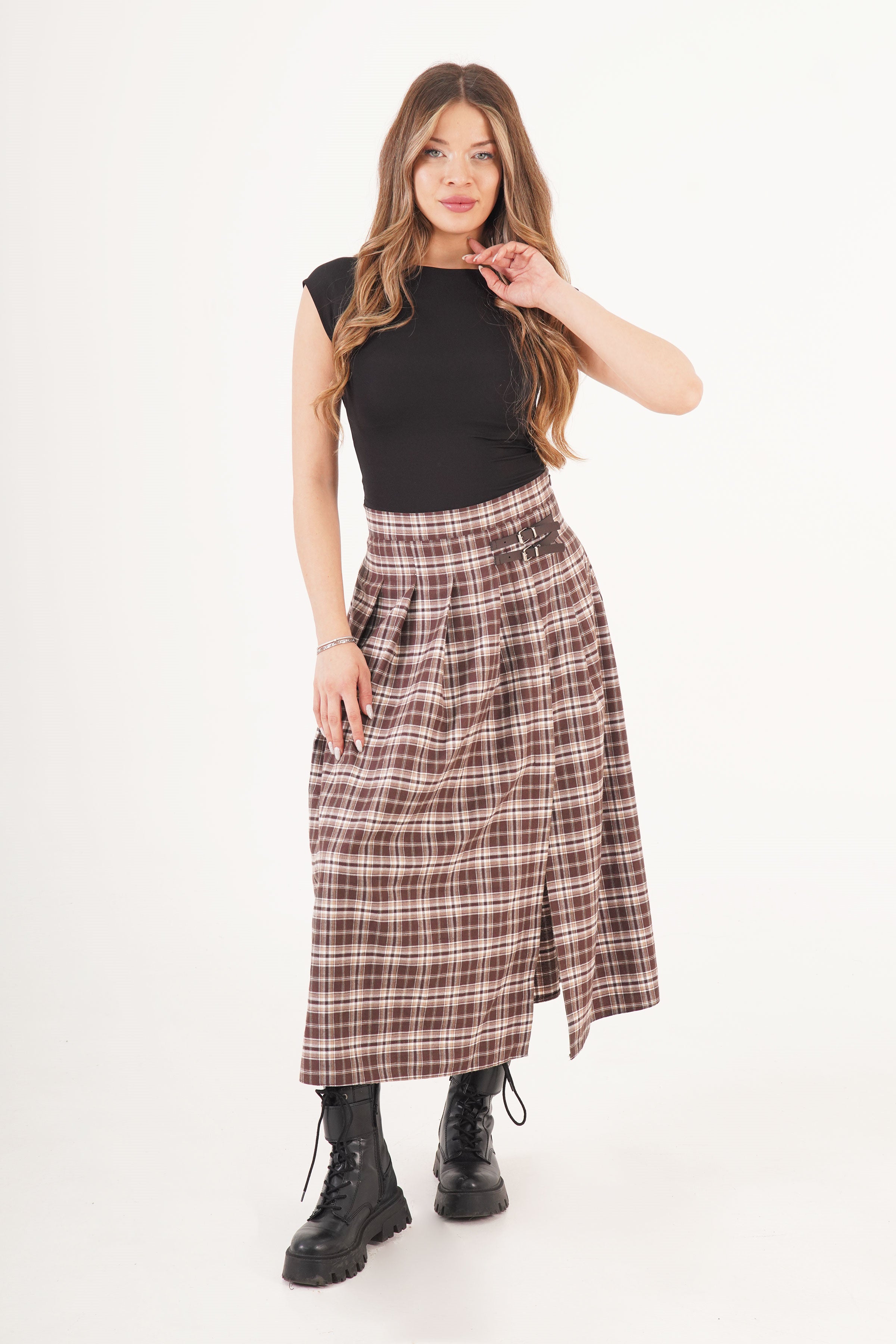 Kemer Detaylı Yan Yırtmaçlı Kahve Ekose Toptan Uzun Etek