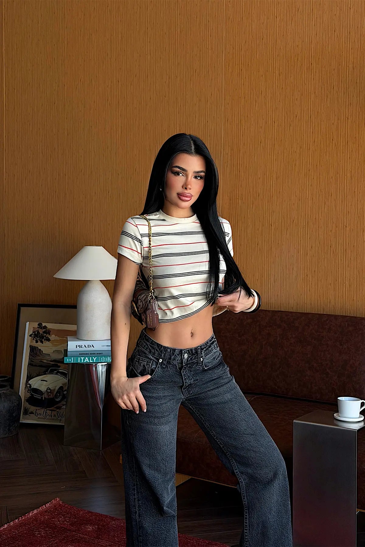 Krem Çizgili Crop Top