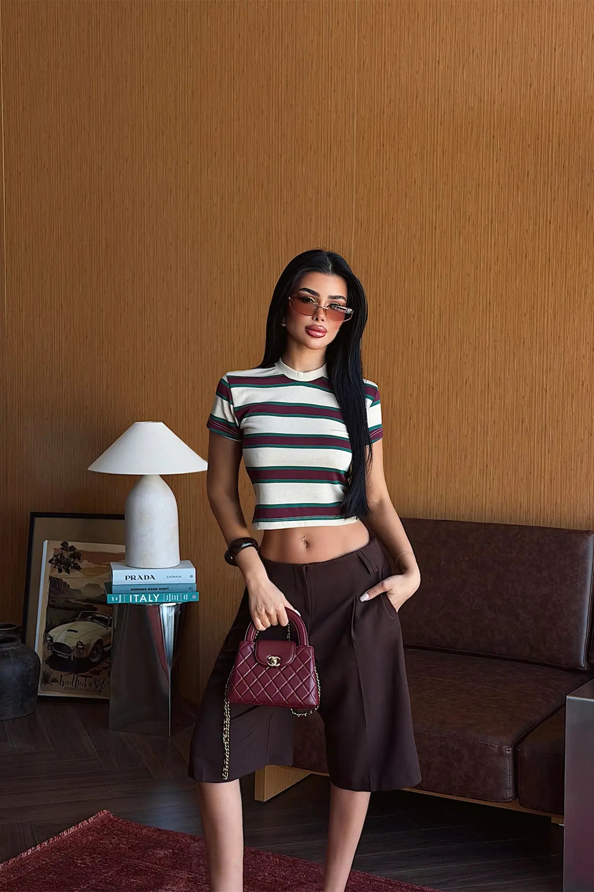 Bej Çizgili Crop Top