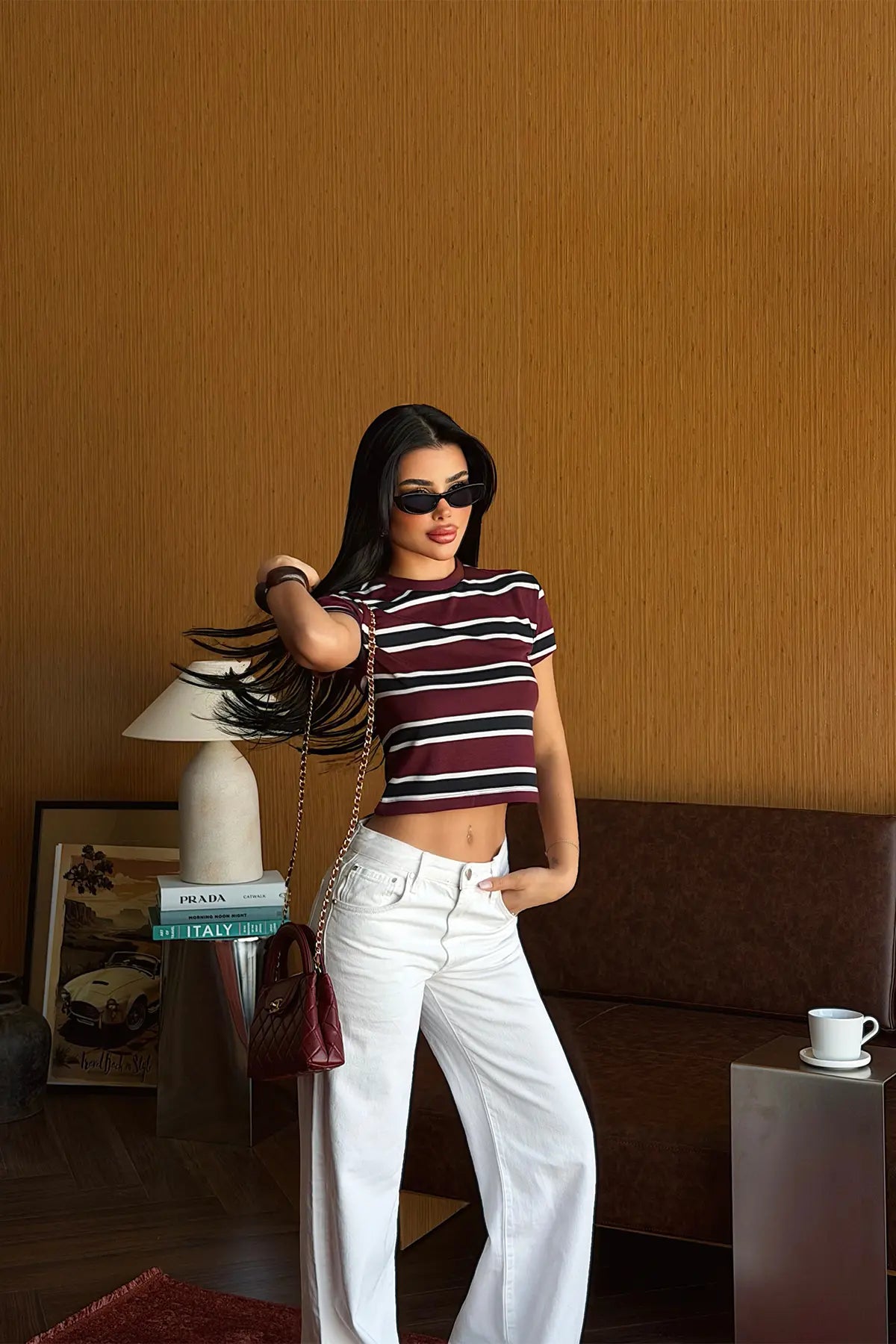 Bordo Çizgili Crop Top