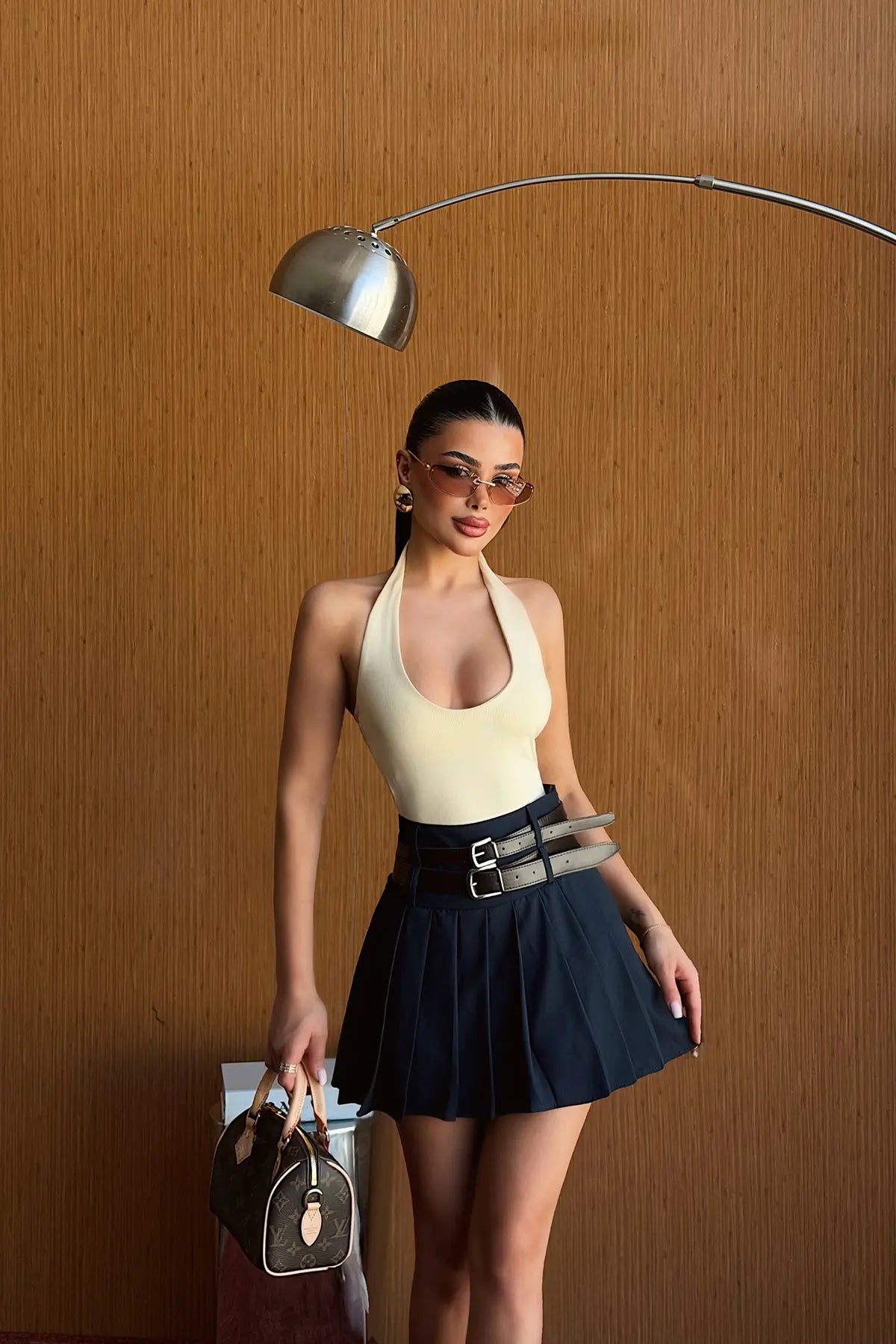 Lacivert Sinatra Çift Kemerli Mini Etek