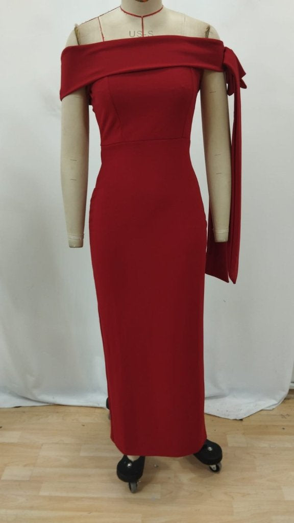 Women's Off-the-Shoulder Ribbon Detail Long Crepe Dress, 25986