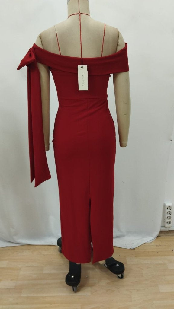 Women's Off-the-Shoulder Ribbon Detail Long Crepe Dress, 25986