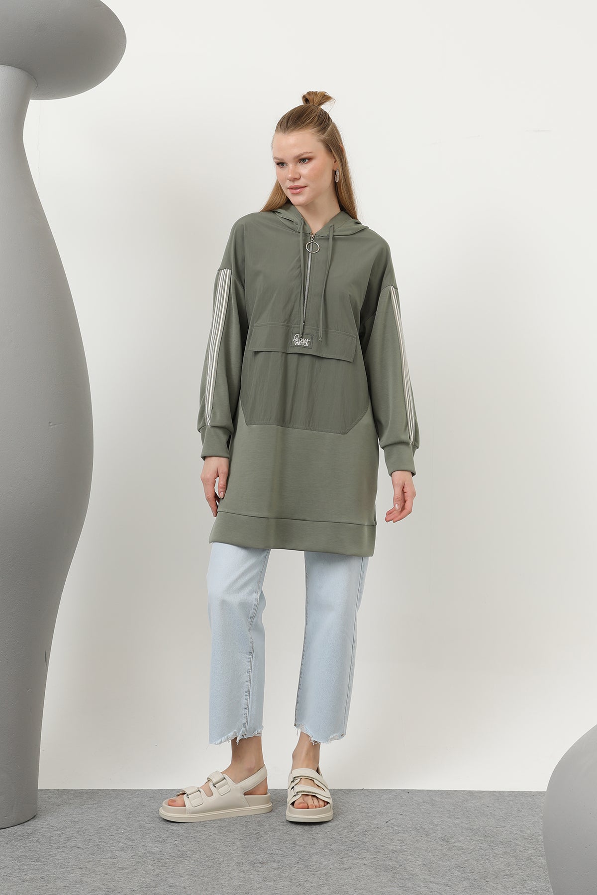 Kadın Önü Fermuar Detaylı Kapişonlu Tunik - 10610TUN - KHAKI