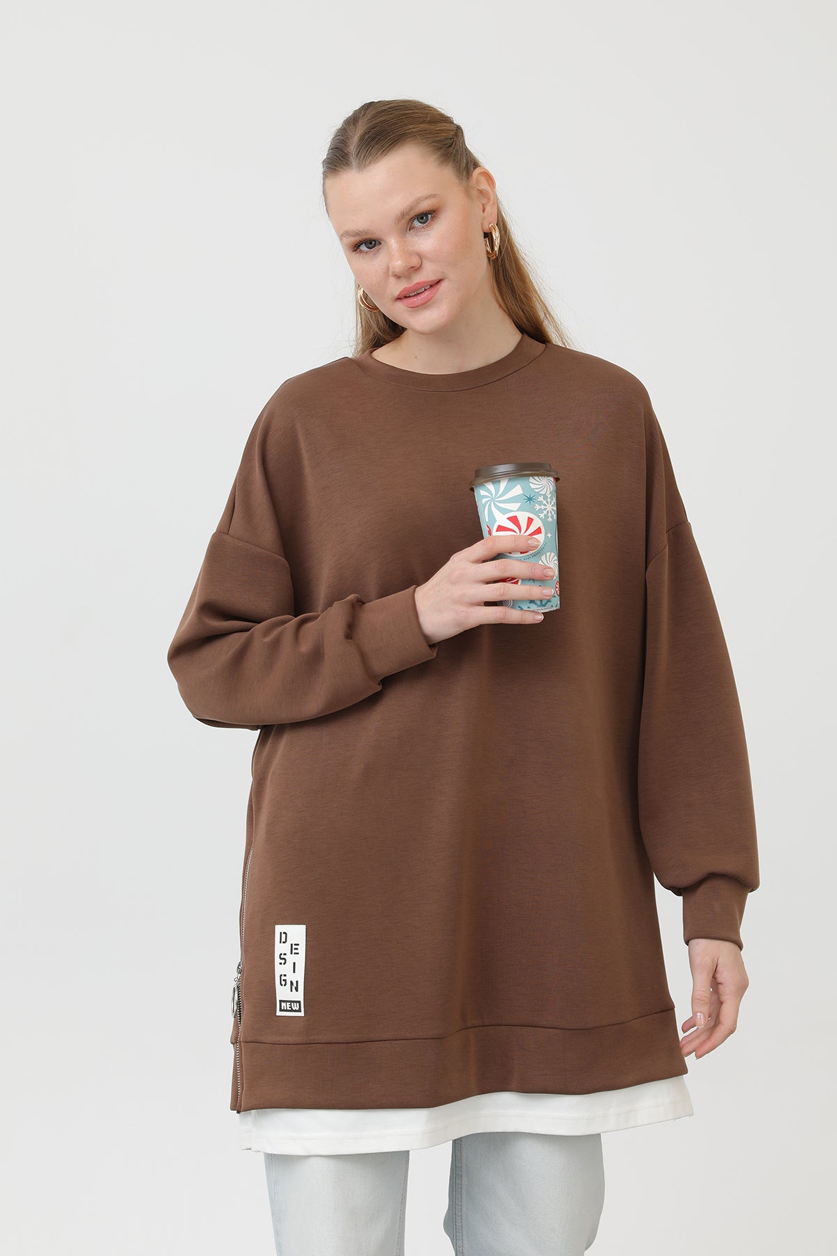 Kadın Önü Etiket Detaylı Tunik - 10613TUN - BROWN