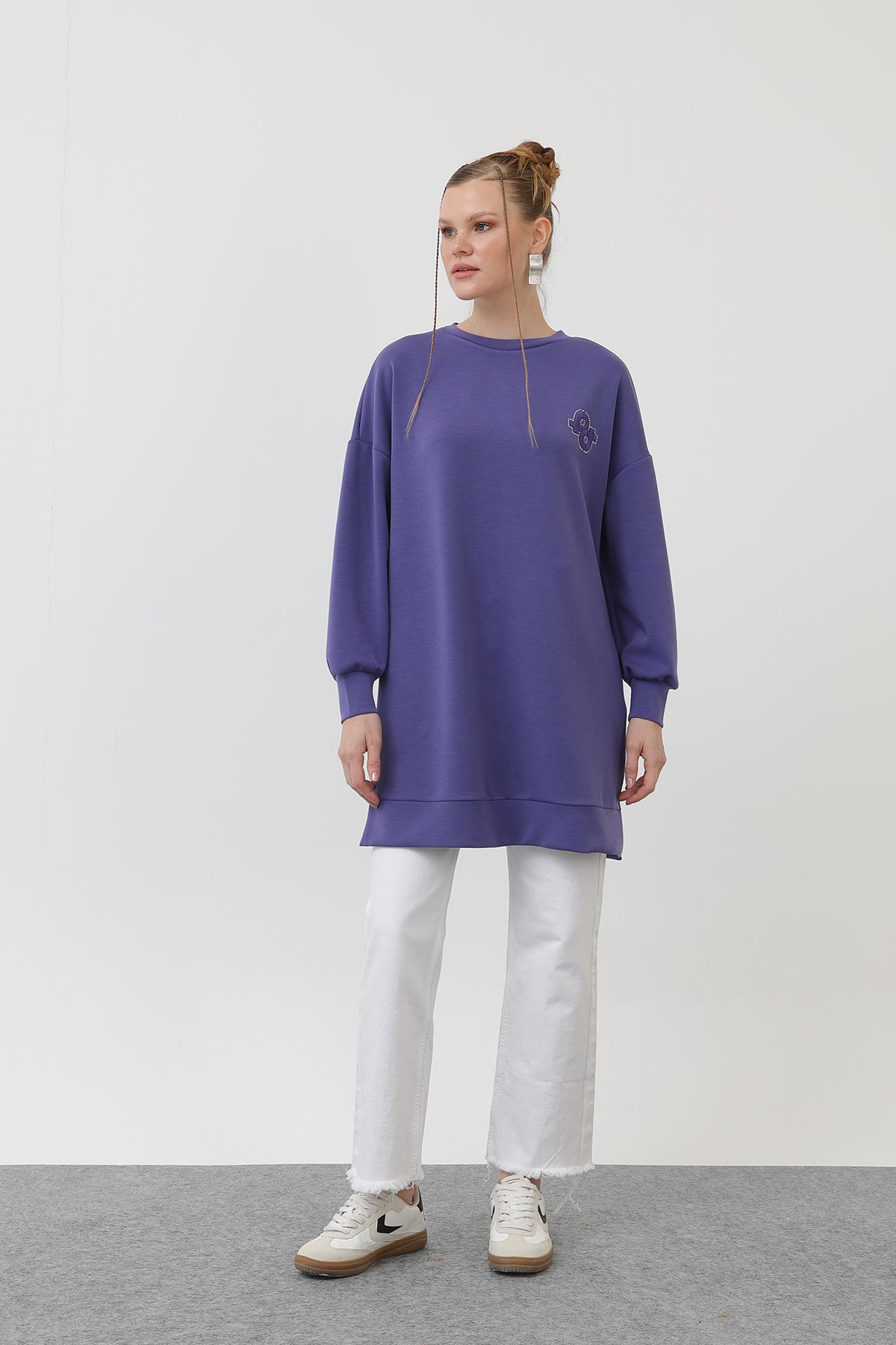 Kadın Önü Nakış Ve Taş Detaylı Tunik - 10614TUN - PURPLE