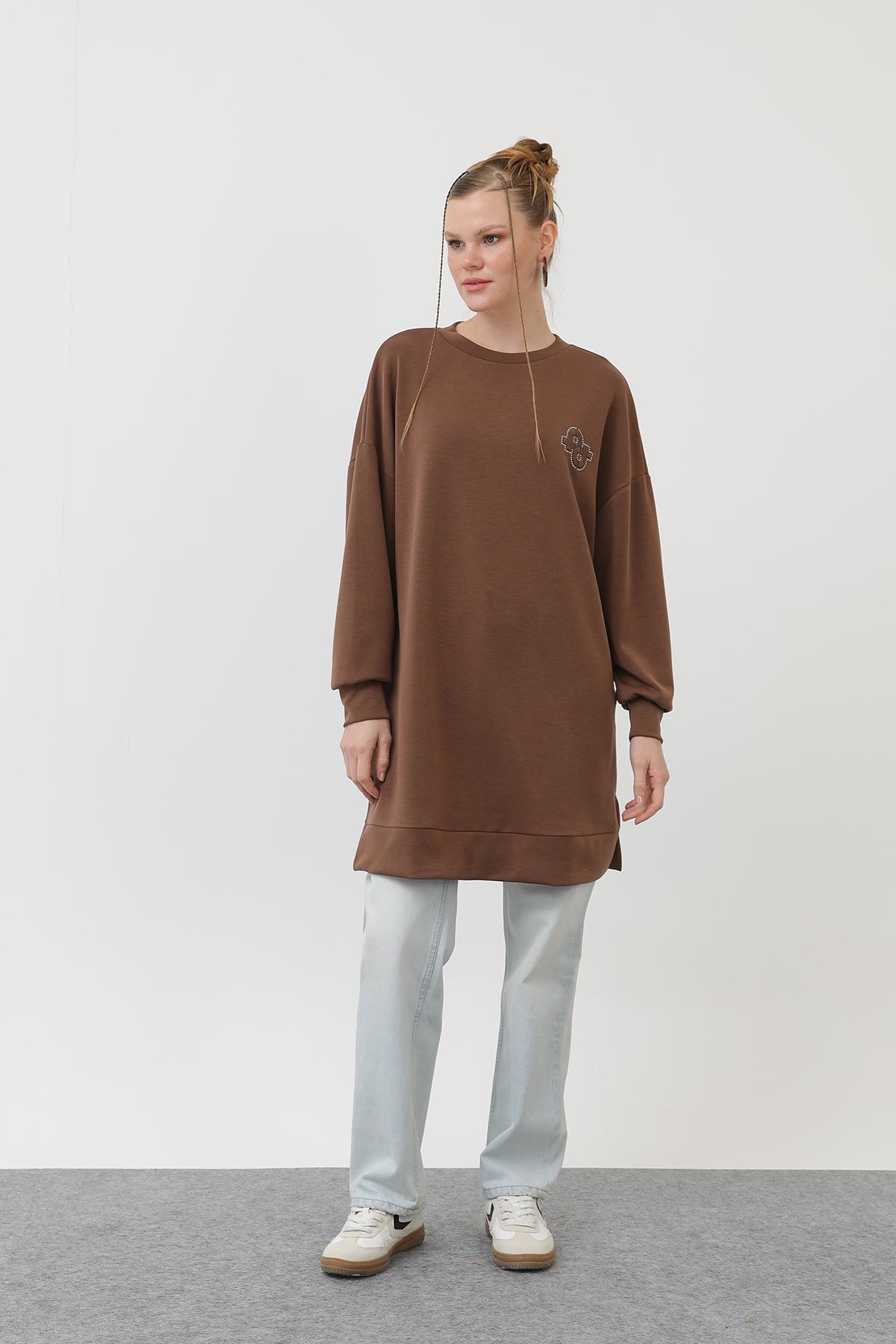 Kadın Önü Nakış Ve Taş Detaylı Tunik - 10614TUN - BROWN