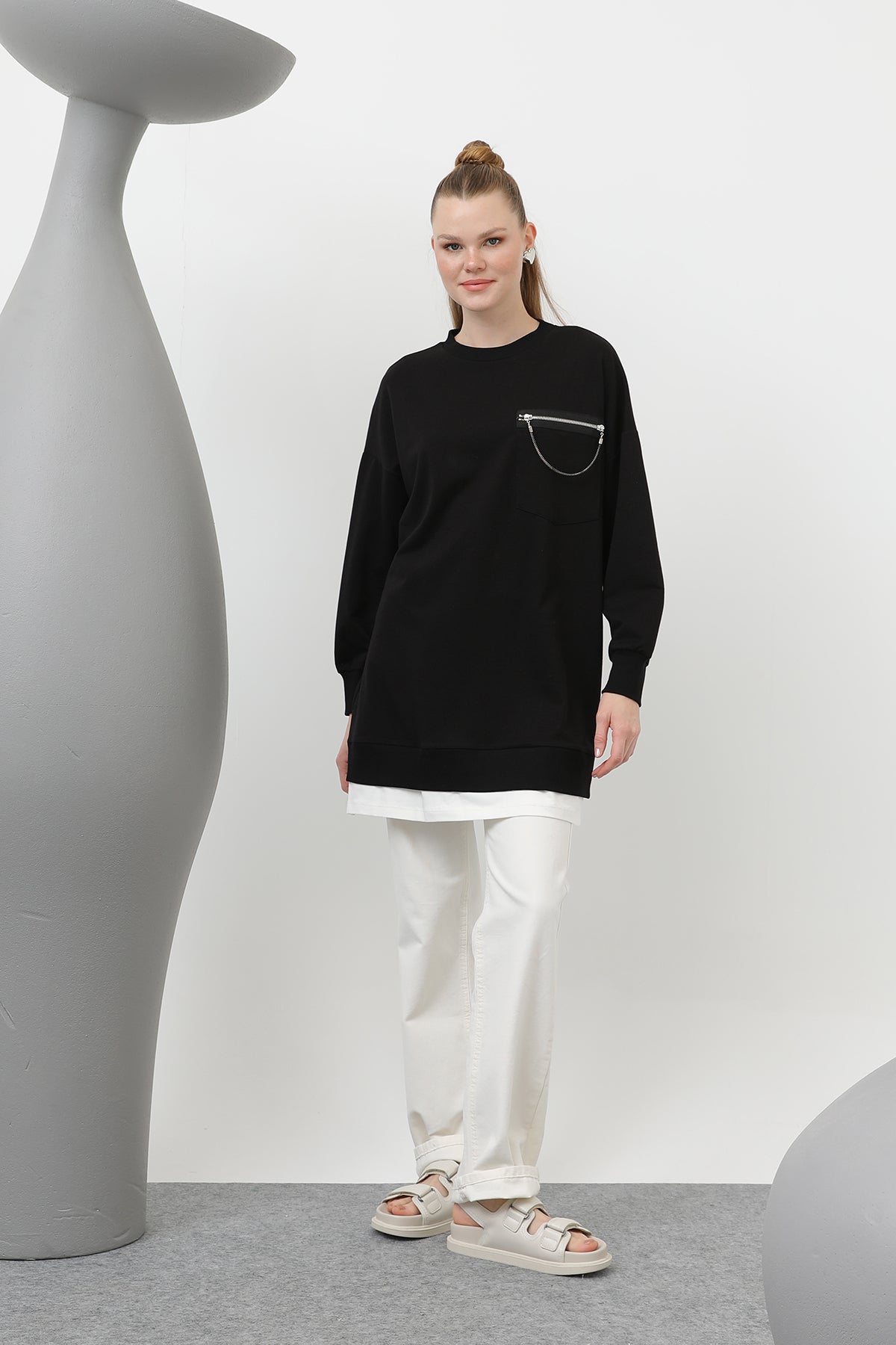 Kadın Önü Çift Taraflı Süs Fermuar Detaylı Tunik - 10620TUN - BLACK