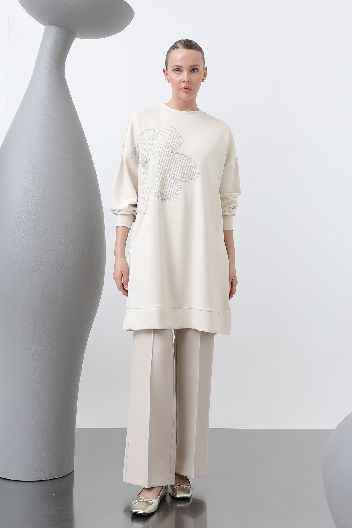 Kadın Önü İşlemeli Garni Detaylı Tunik - 10627TNK - SAND BEIGE-BEIGE