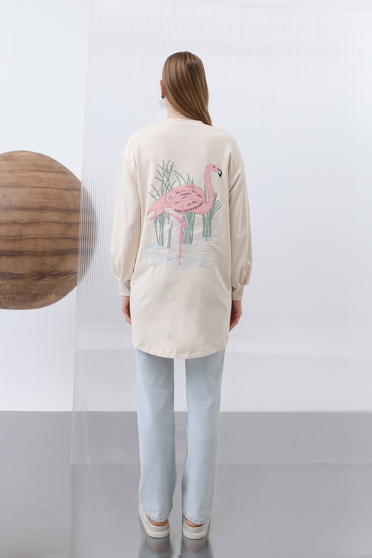Kadın Arkası Flamingo Nakışlı Garnili Tunik - 10630TUN