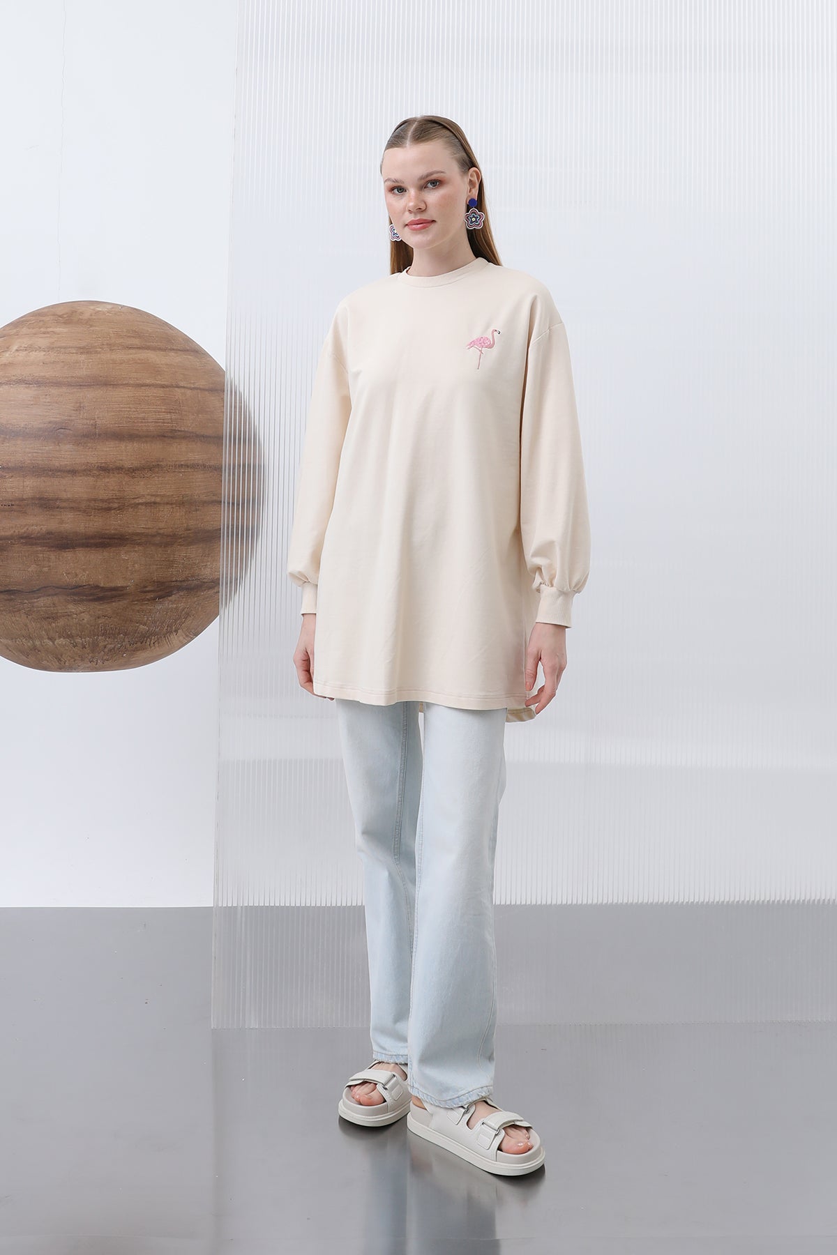 Kadın Arkası Flamingo Nakışlı Garnili Tunik - 10630TUN