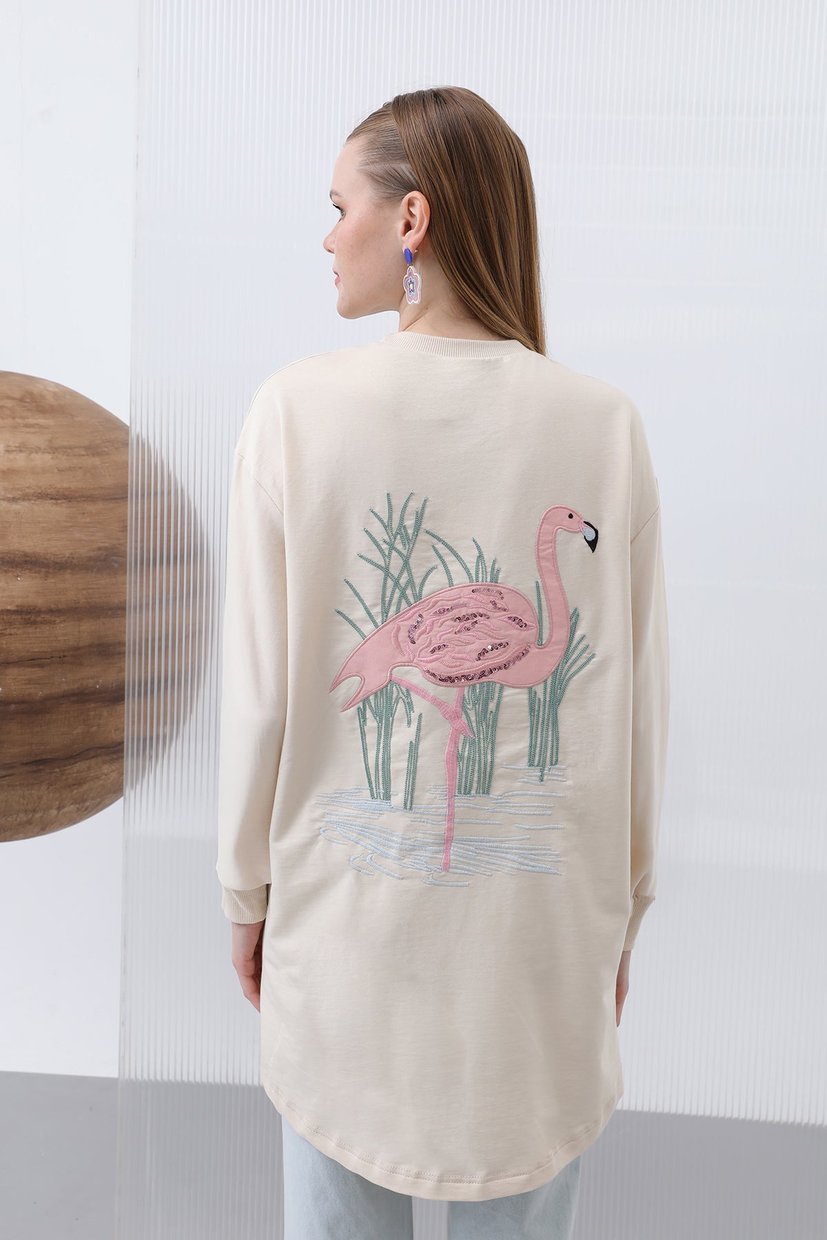 Kadın Arkası Flamingo Nakışlı Garnili Tunik - 10630TUN