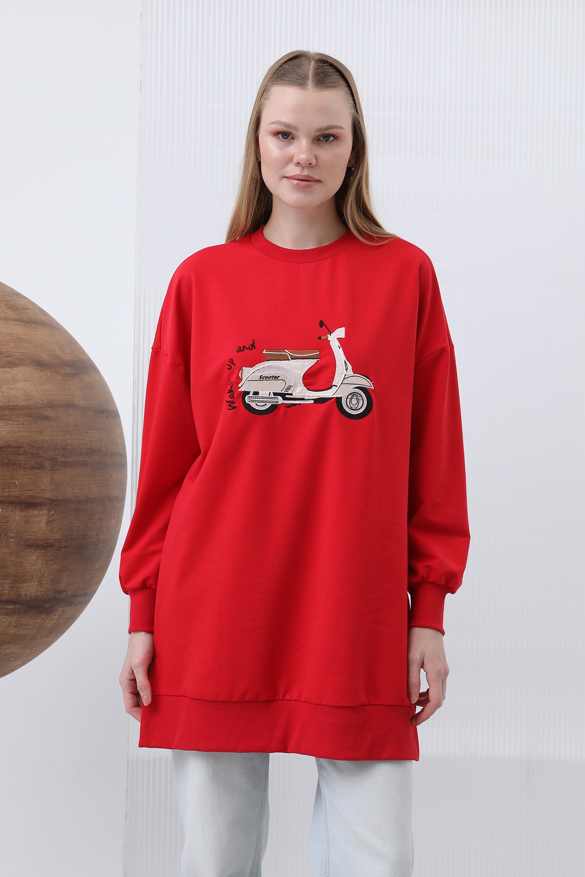 Kadın Önü Scooter Baskılı Ve Garnili Tunik - 10636TUN - RED