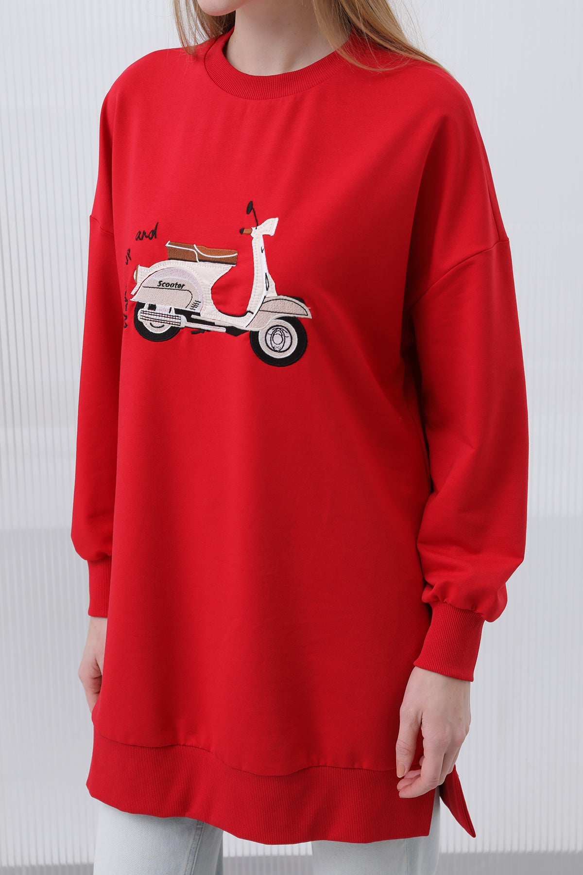 Kadın Önü Scooter Baskılı Ve Garnili Tunik - 10636TUN