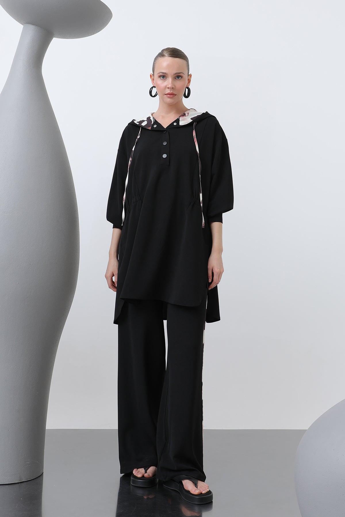 Kadın Beli Büzgü Detaylı Kapüşonlu Tunik - 10666TUN - BLACK