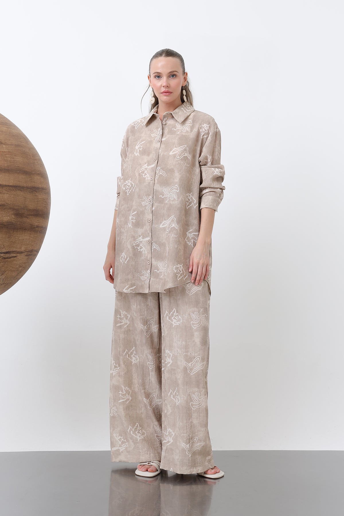 Kadın Desenli Düğme Detaylı Gömlek Tunik -10670GML - BROWN