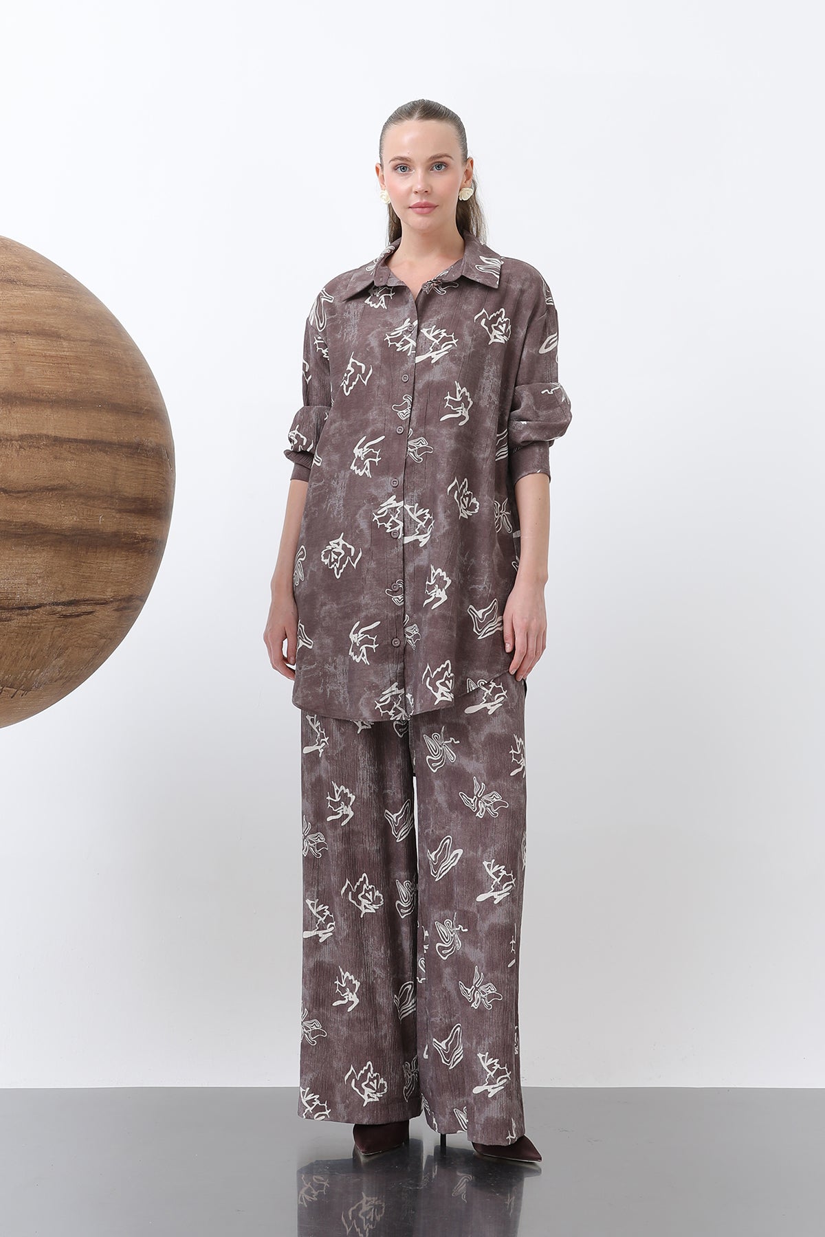 Kadın Desenli Düğme Detaylı Gömlek Tunik -10670GML - BEIGE