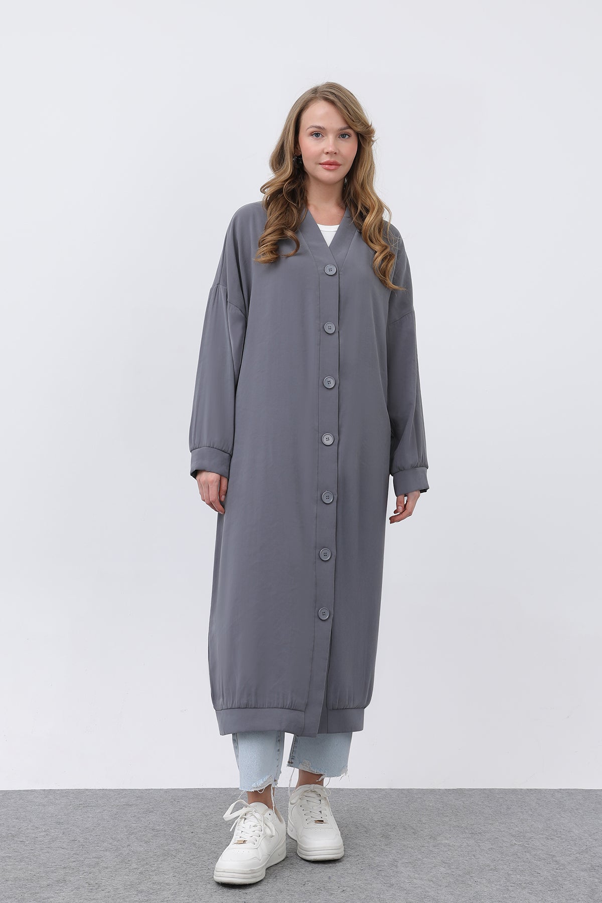 Kadın Önü Düğme Detaylı Uzun Tunik -10681TUN - GREY