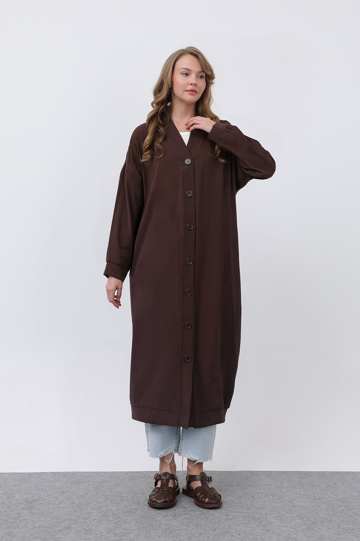Kadın Önü Düğme Detaylı Uzun Tunik -10681TUN - BROWN