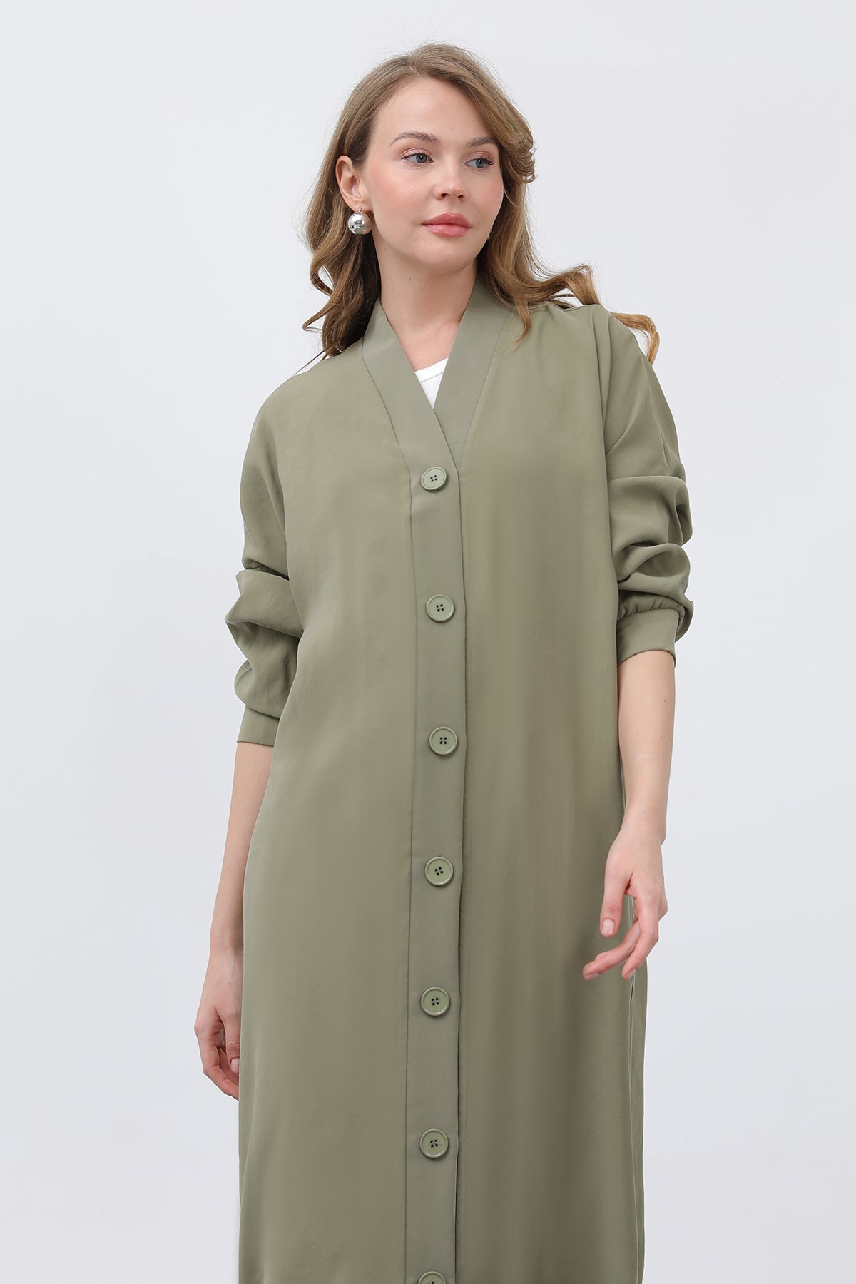 Kadın Önü Düğme Detaylı Uzun Tunik -10681TUN - ALMOND GREEN