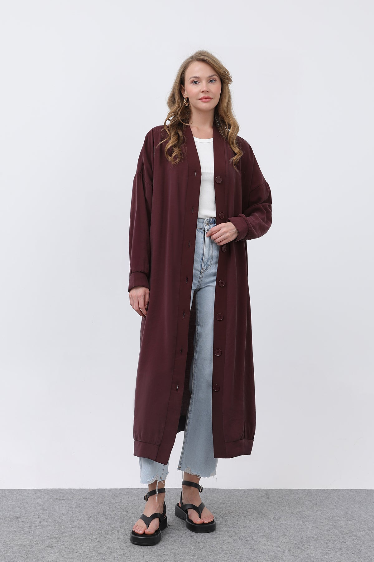 Kadın Önü Düğme Detaylı Uzun Tunik -10681TUN - BURGUNDY