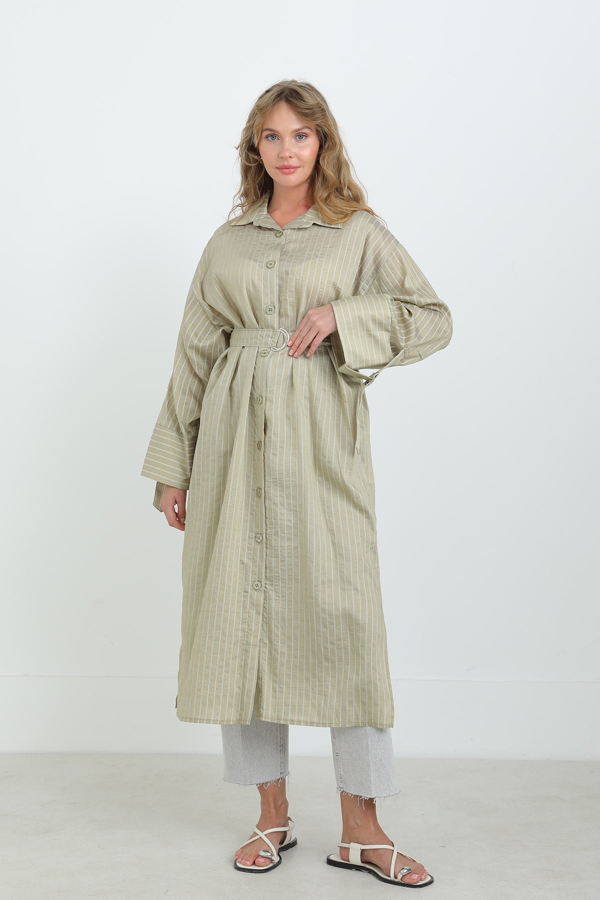 Kadın Kuşaklı Çizgili Tunik Gömlek-10701TUN - ALMOND GREEN