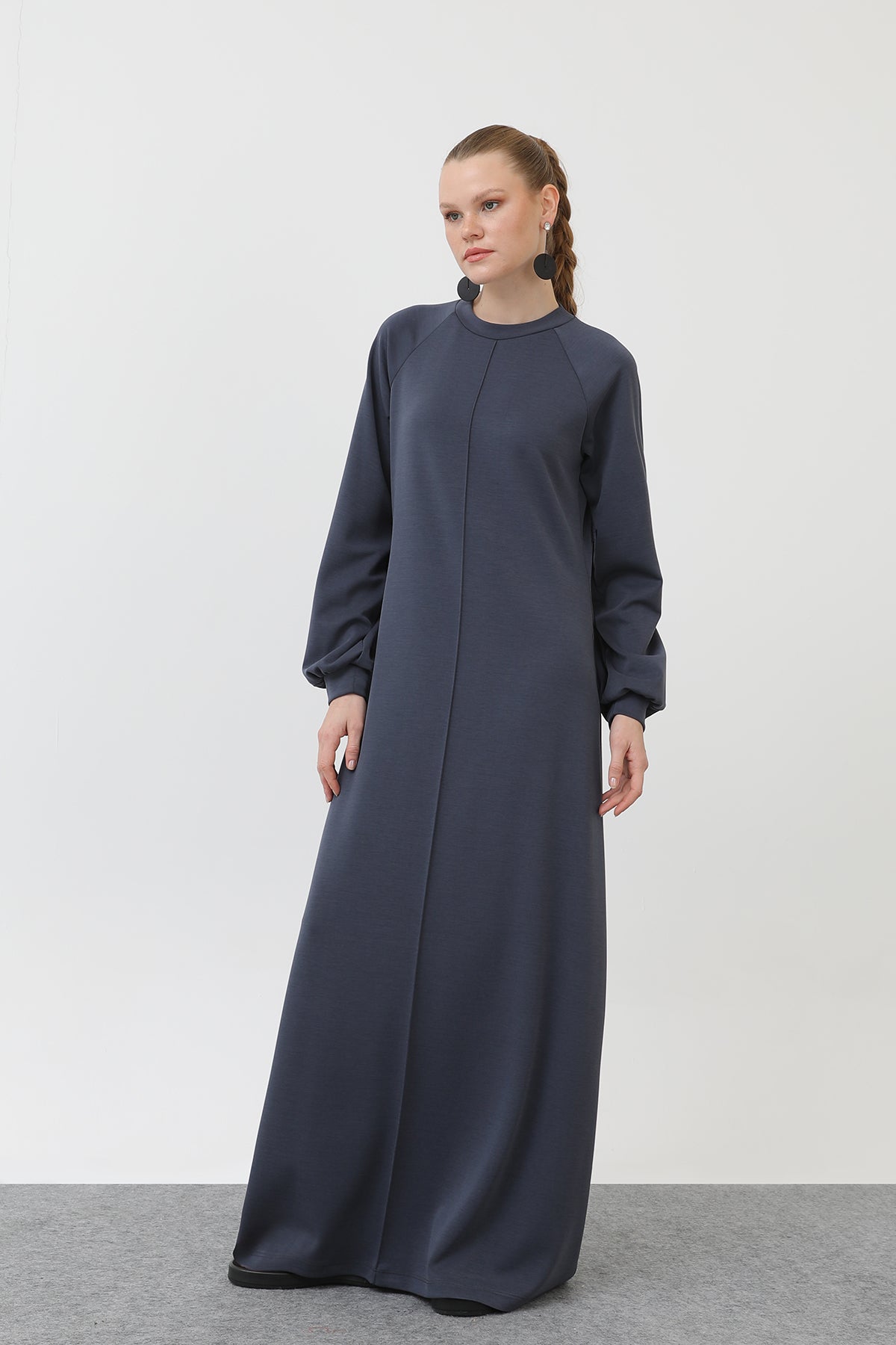 Kadın Nervür Dikişli Reglan Kol Elbise - 12557ELB - INDIGO