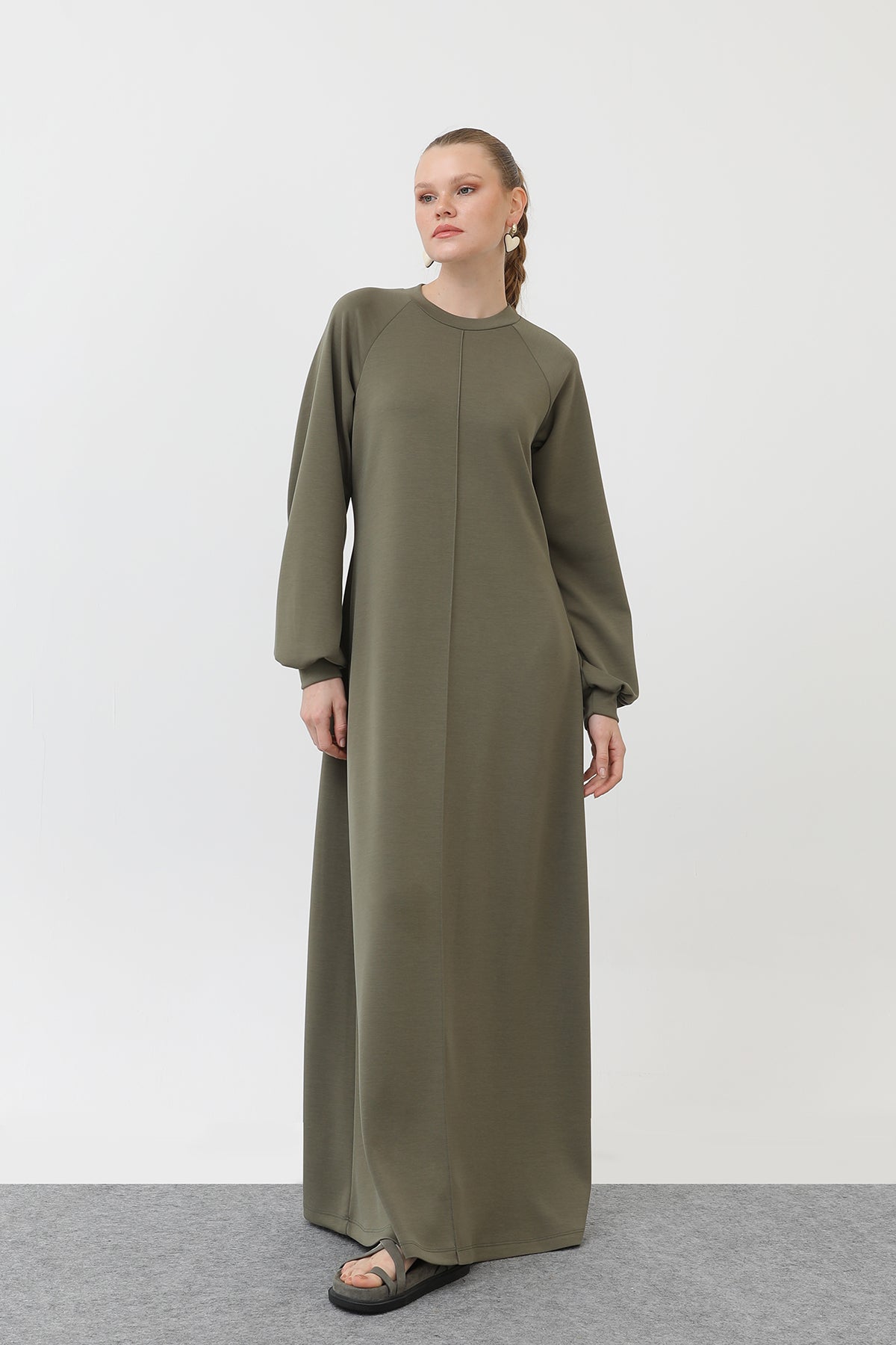 Kadın Nervür Dikişli Reglan Kol Elbise - 12557ELB - KHAKI