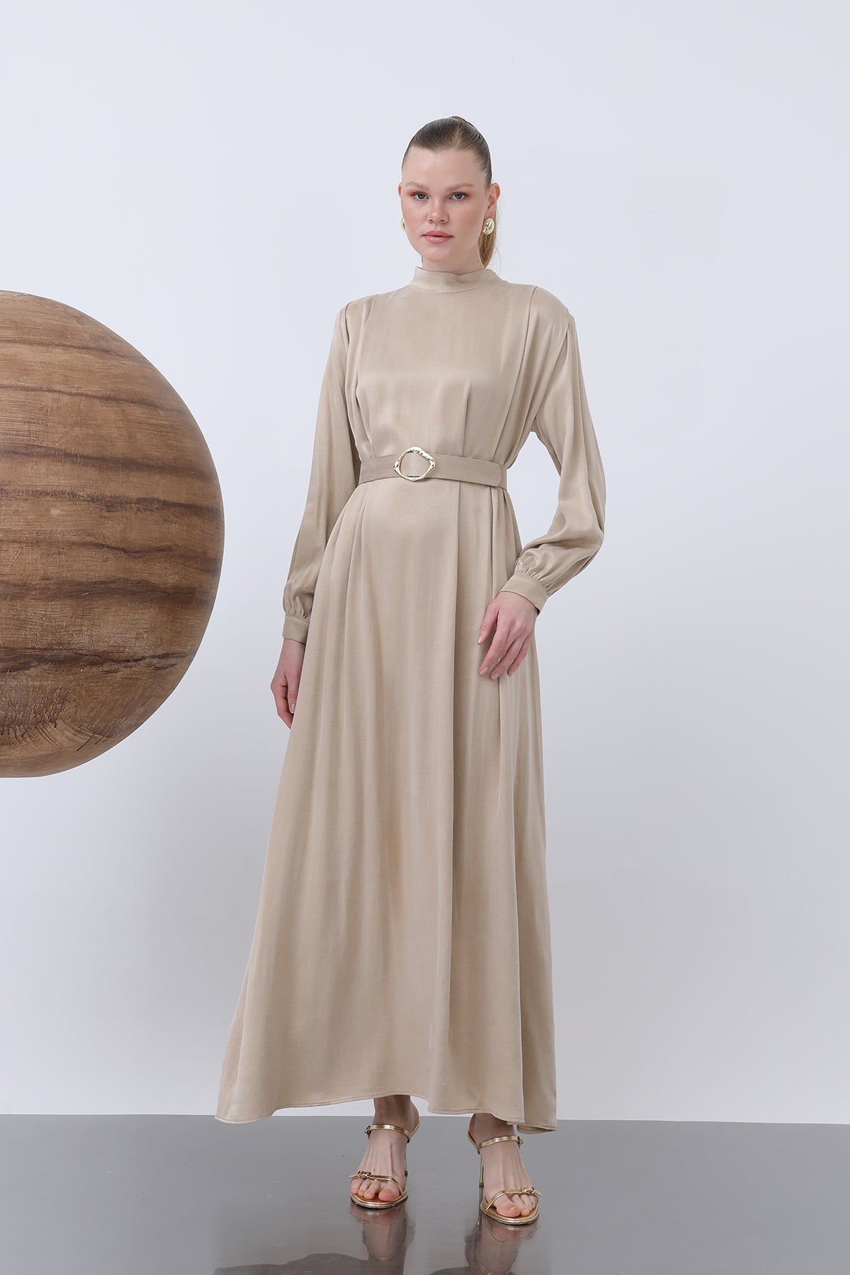 Kadın Kemer Ve Vatka Detaylı Elbise - 12598ELB - BEIGE