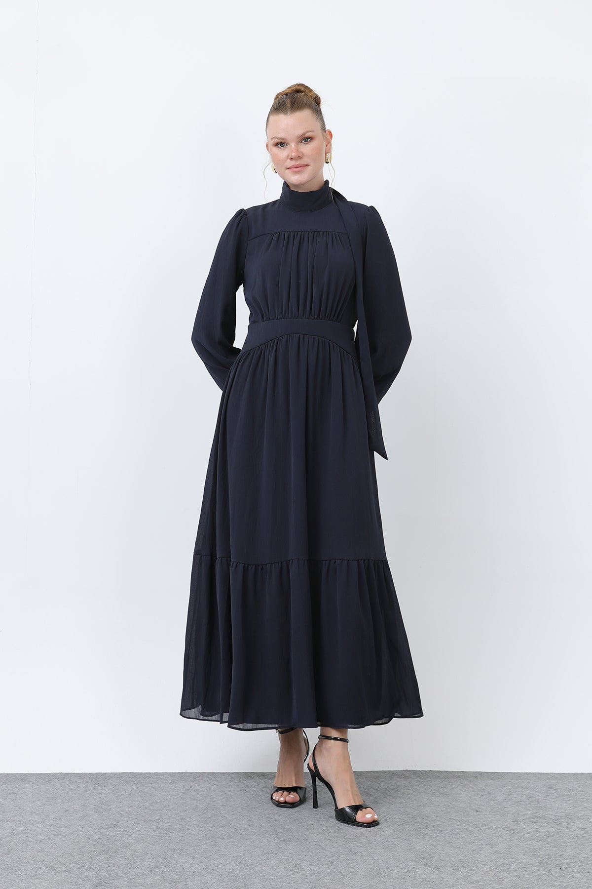Kadın Drape Detaylı Yüksek Yaka Elbise - 12613ELB - NAVY