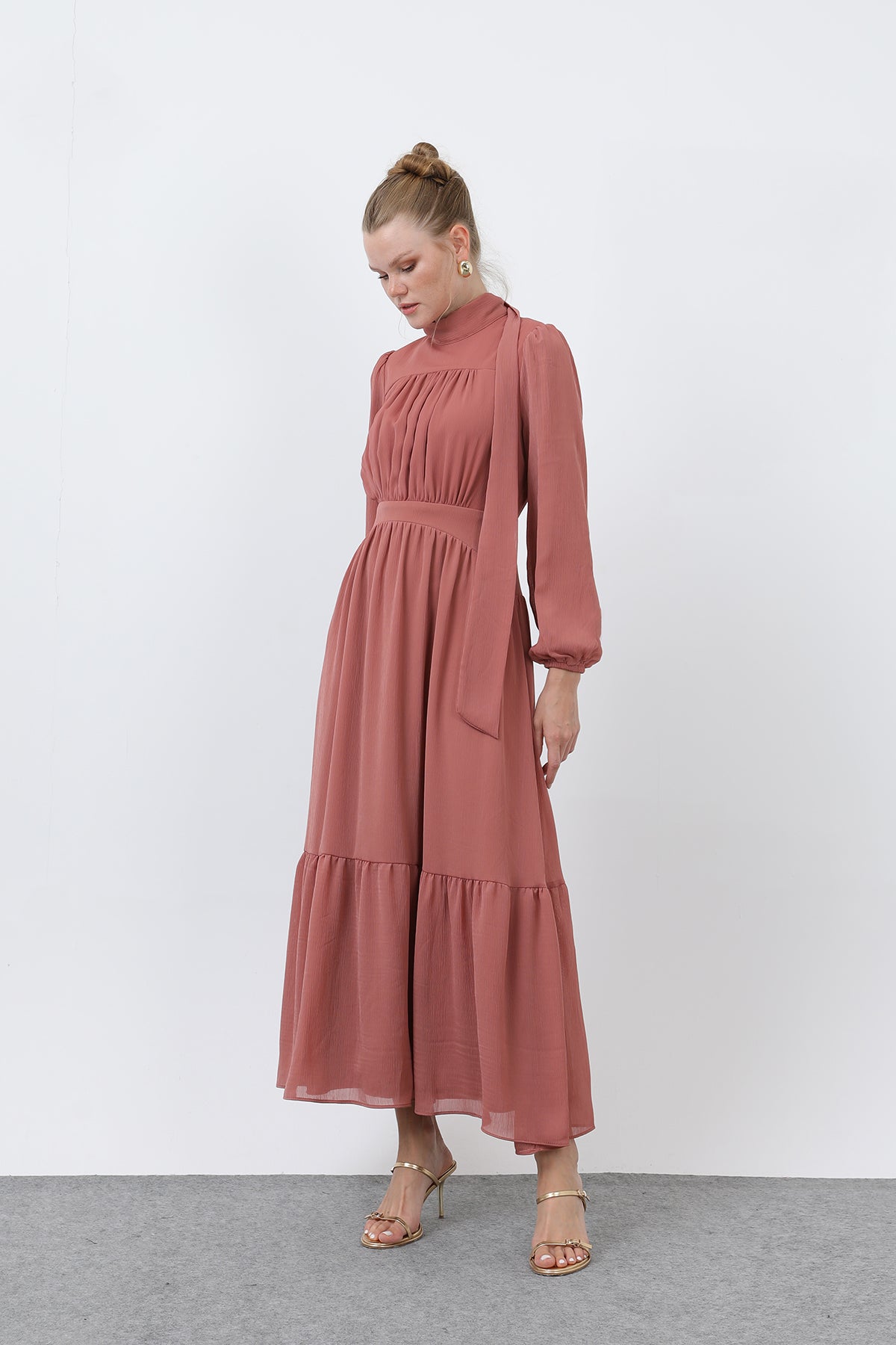 Kadın Drape Detaylı Yüksek Yaka Elbise - 12613ELB - ROSE