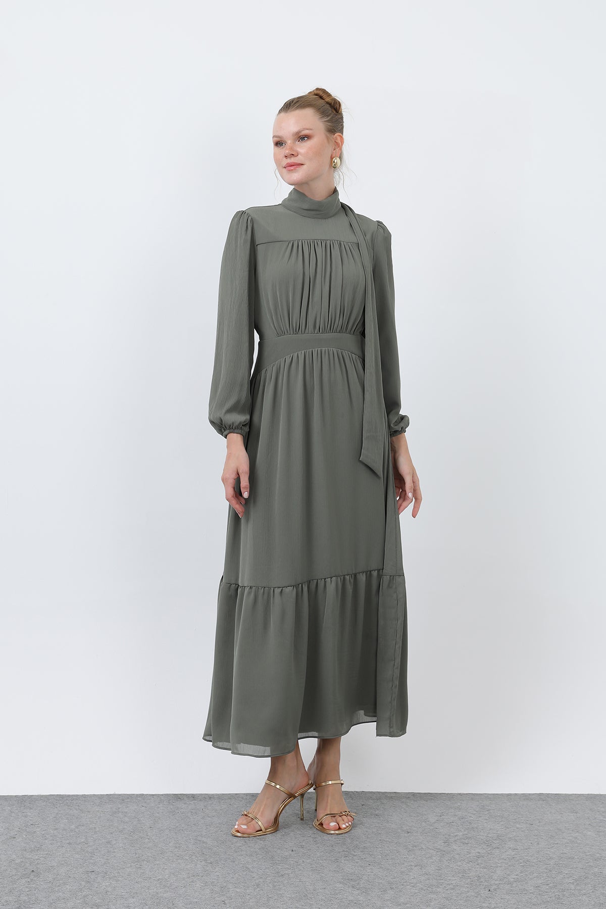 Kadın Drape Detaylı Yüksek Yaka Elbise - 12613ELB - KHAKI