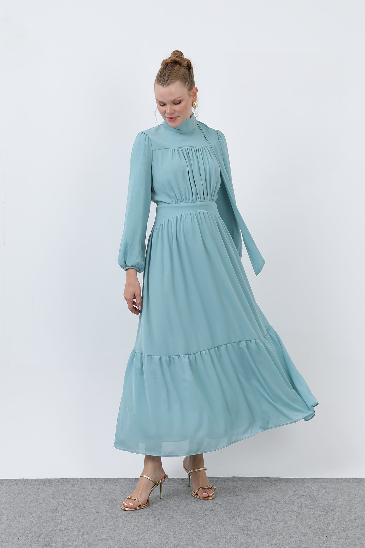 Kadın Drape Detaylı Yüksek Yaka Elbise - 12613ELB - MINT