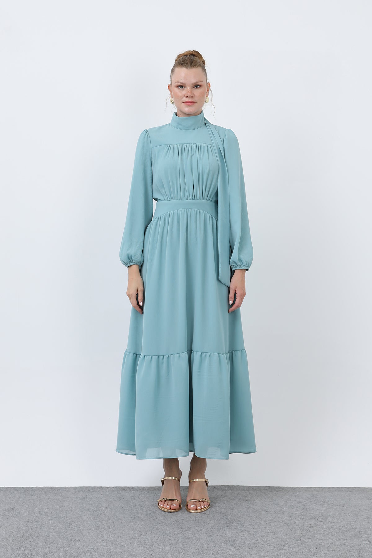 Kadın Drape Detaylı Yüksek Yaka Elbise - 12613ELB