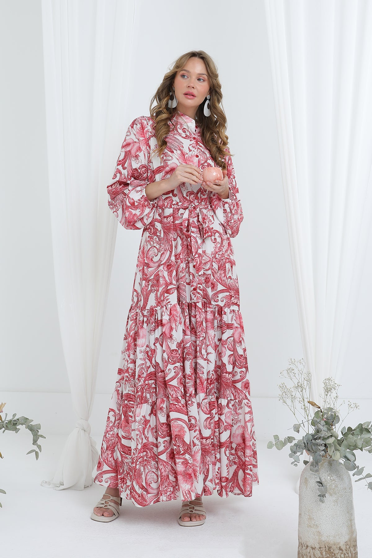 Kadın Kuşaklı Baskı Detaylı Uzun Elbise -12636ELB - ROSE