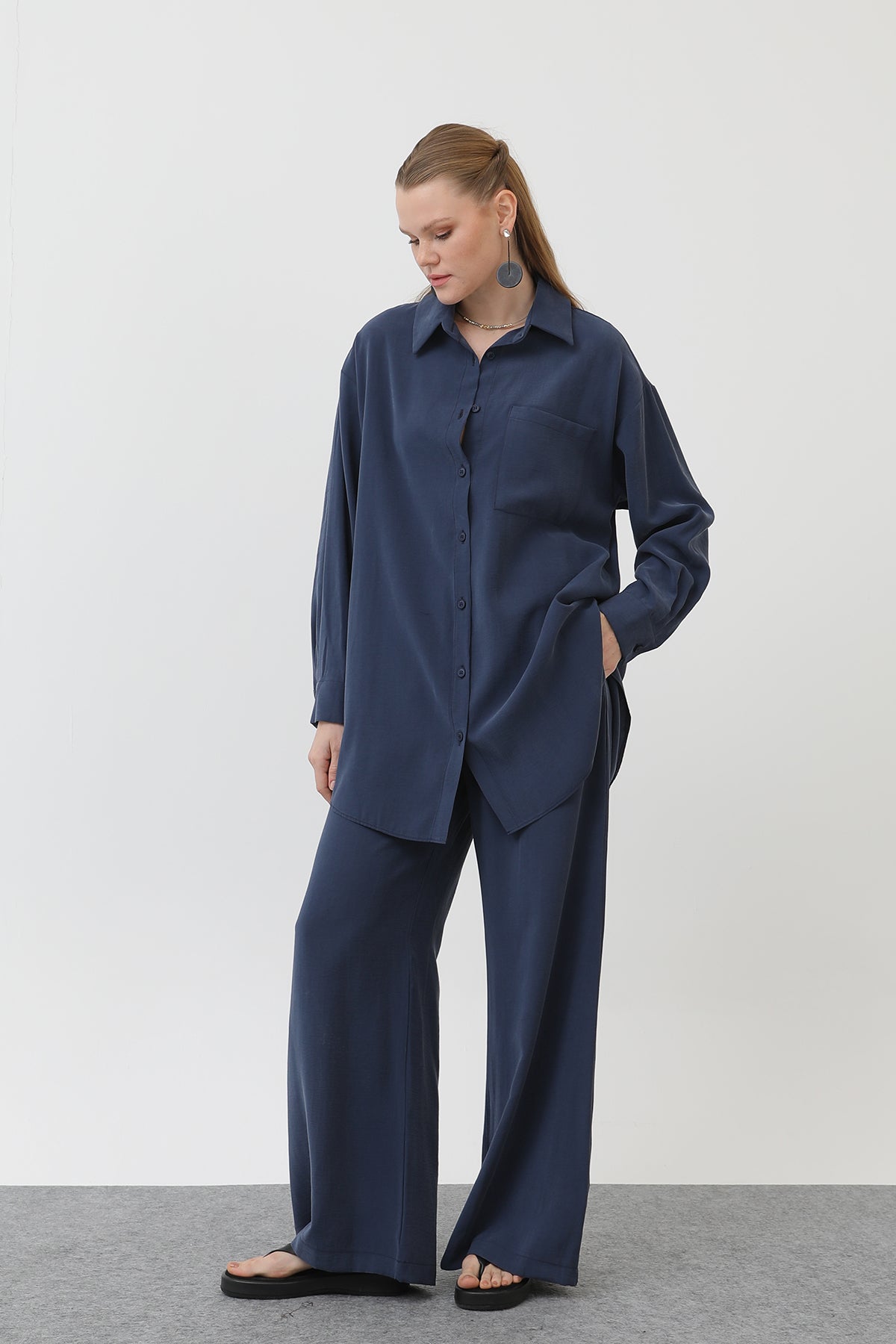 Kadın Arkası Robalı Gömlek Pantolon Takım - 14296TKS - NAVY