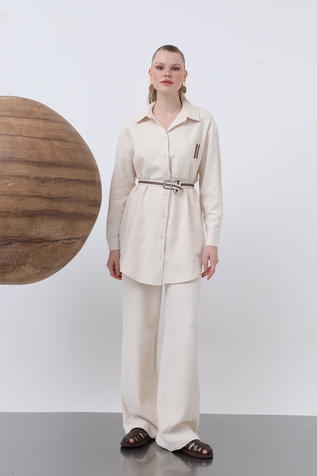 Kadın Beli Büzgülü Ve Cep Detaylı Gömlek Ve Pantolonlu Takım - 14313TKS - BEIGE